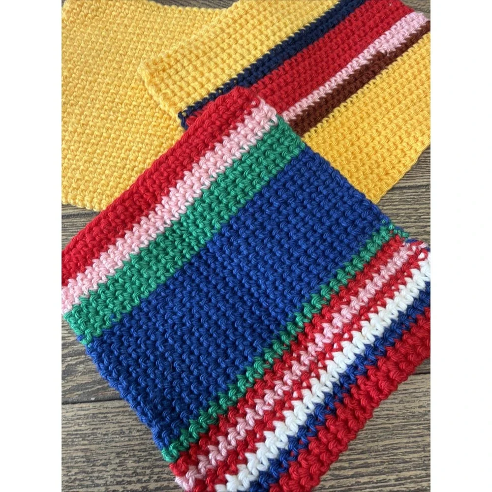 VTG Knit Handmade Pot‎ Holders Set Of 3 Multicolored